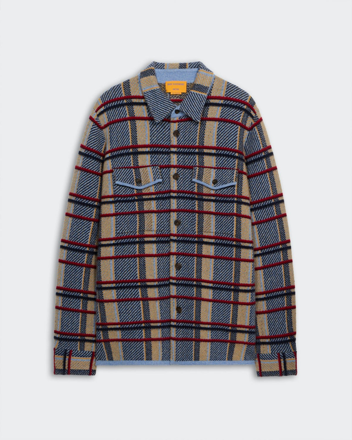 Plaid Work Shirt - Heather Blue Combo with button closure, chest pockets, cuffed sleeves, and premium cashmere knit design.