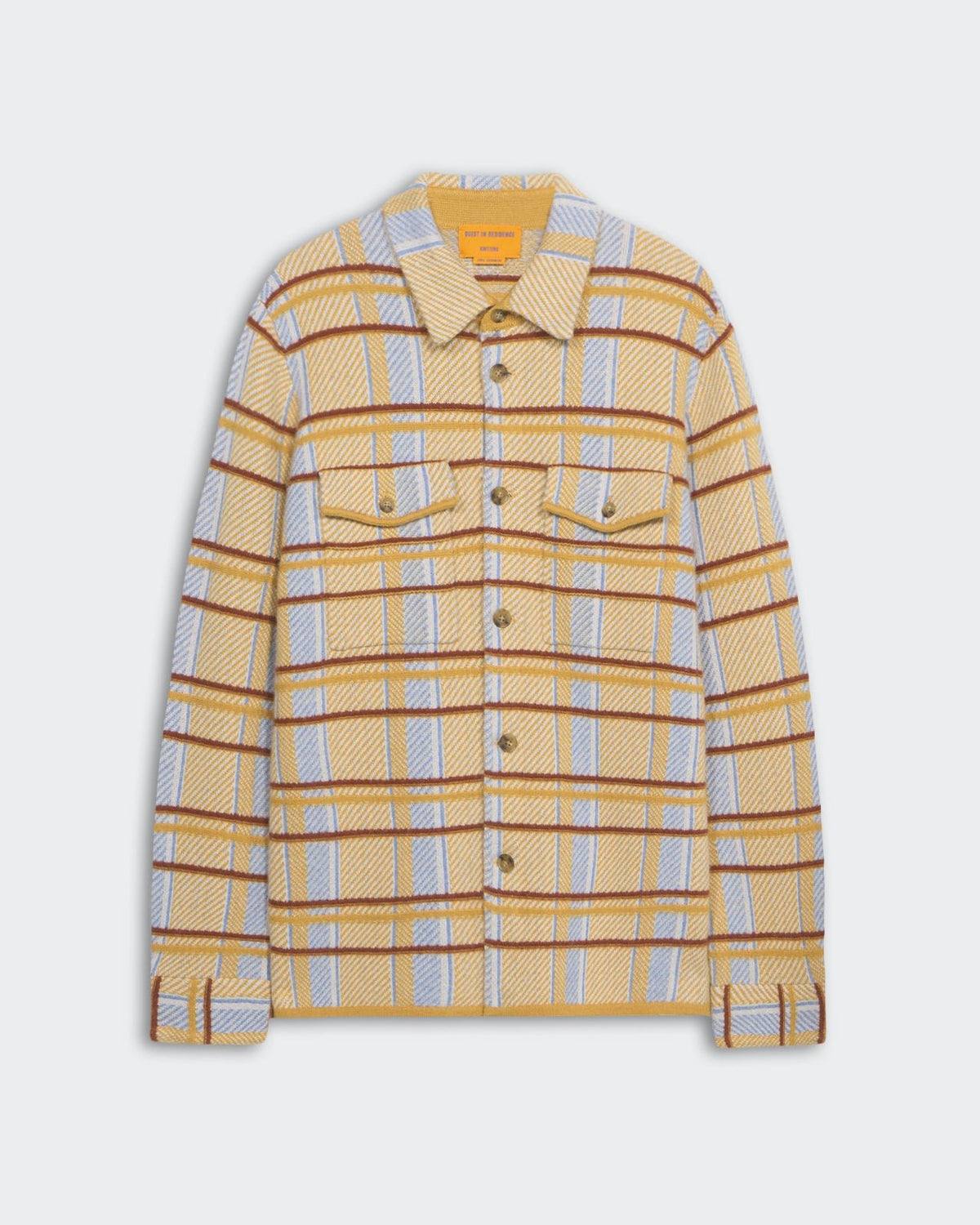 Plaid Work Shirt - Curry Combo with button closure, chest pockets, cuffed sleeves, and premium cashmere knit.