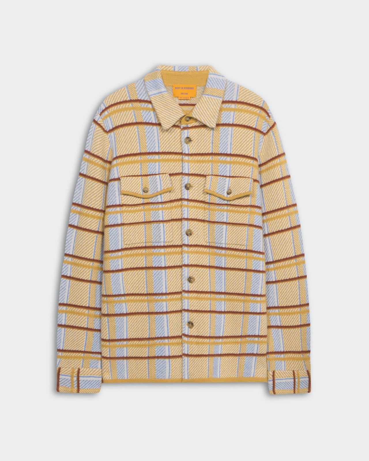 Plaid Work Shirt - Curry Combo with button closure, chest pockets, cuffed sleeves, and premium cashmere knit.