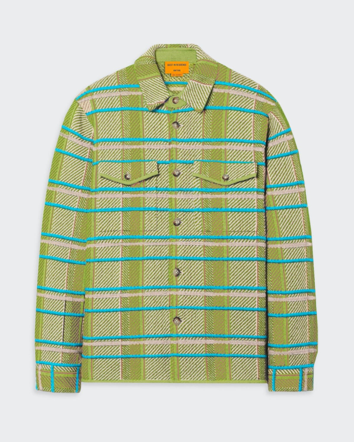 Plaid work shirt in a Matcha color combination, featuring a unisex fit, front button closure, chest patch pockets, cuffed sleeves, and branded knitted detailing. Crafted from premium cashmere sourced from inner Mongolia and manufactured in China.