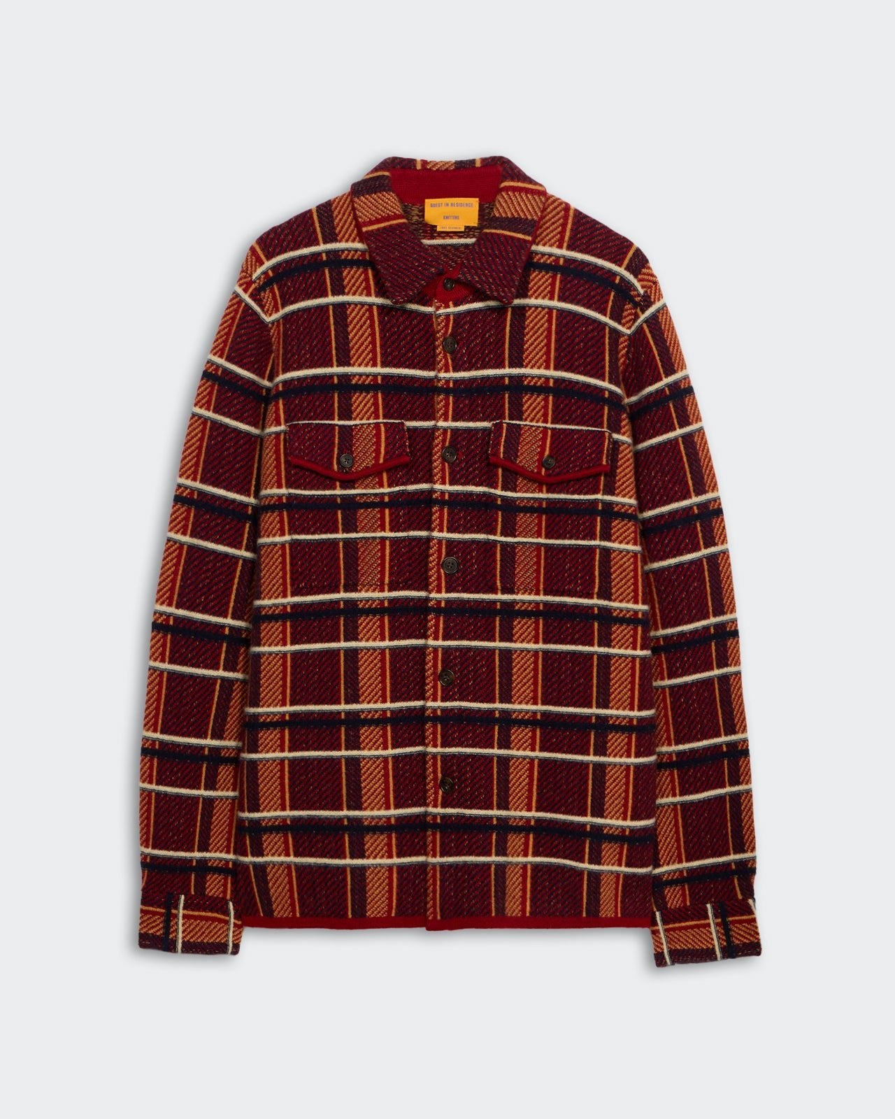 Plaid Work Shirt - Ruby Combo with front buttons, chest pockets, cuffed sleeves in red and orange plaid pattern.