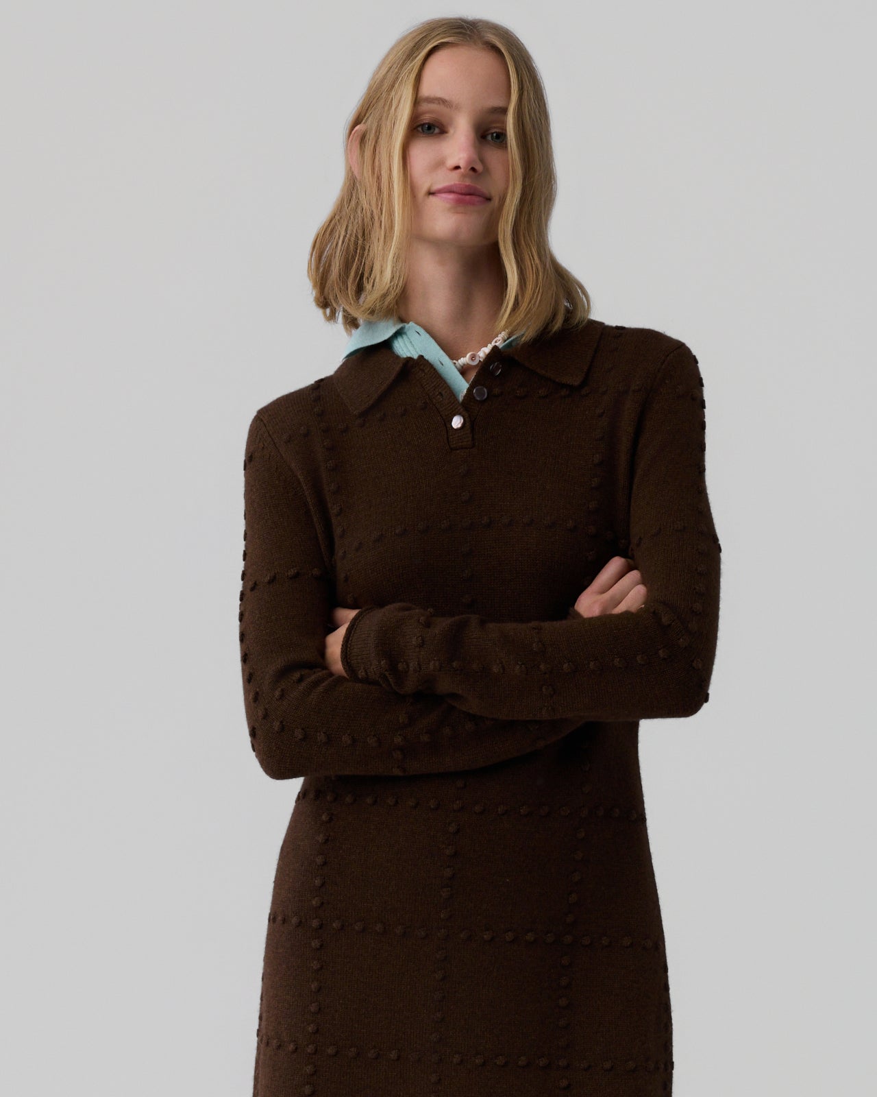 princess polly baby blue dress Cream And Brown Pointelle Knitted Midi Dress
