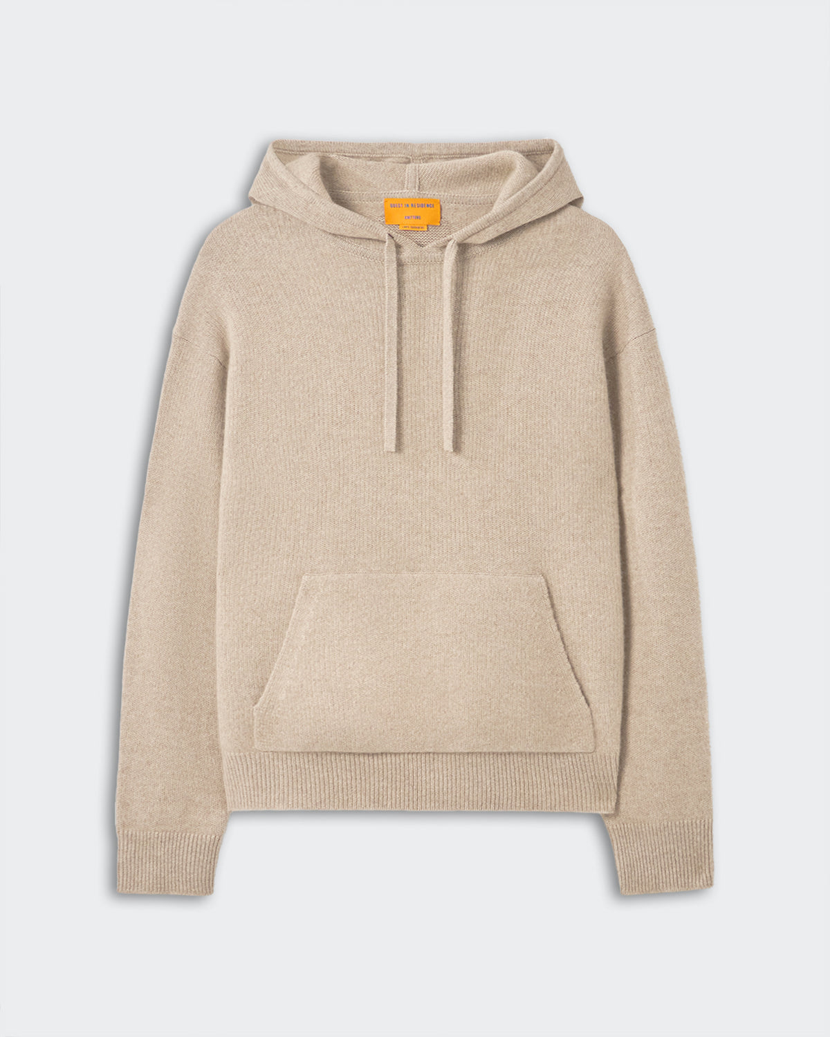 Pullover Hoodie - Taupe, men's medium-weight cashmere knit with ribbed cuffs, hem, kangaroo pocket, and drawstring hood.