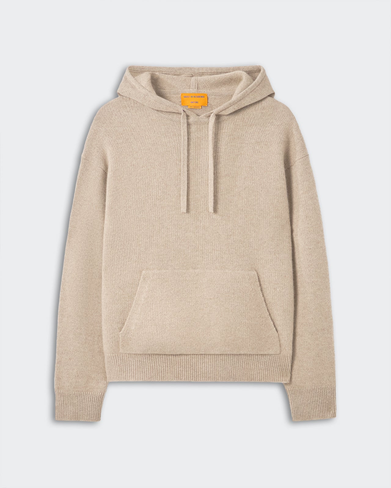 Pullover Hoodie - Taupe, men's medium-weight cashmere knit with ribbed cuffs, hem, kangaroo pocket, and drawstring hood.