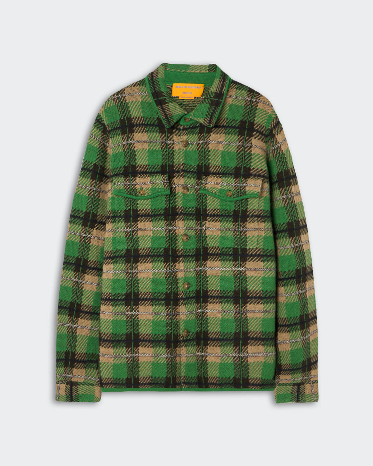 Green and beige plaid long-sleeve button-up shirt with two chest pockets and a collar, laid flat on a white background.