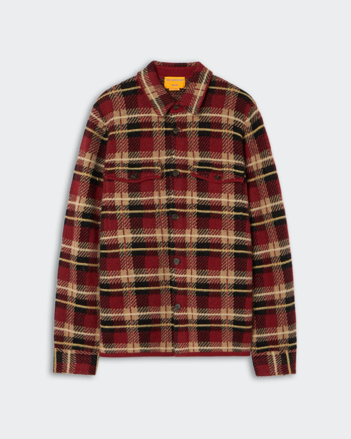 Red, black, and beige plaid button-up shirt jacket with long sleeves, a collar, and a front chest pocket laid flat on a gray background.