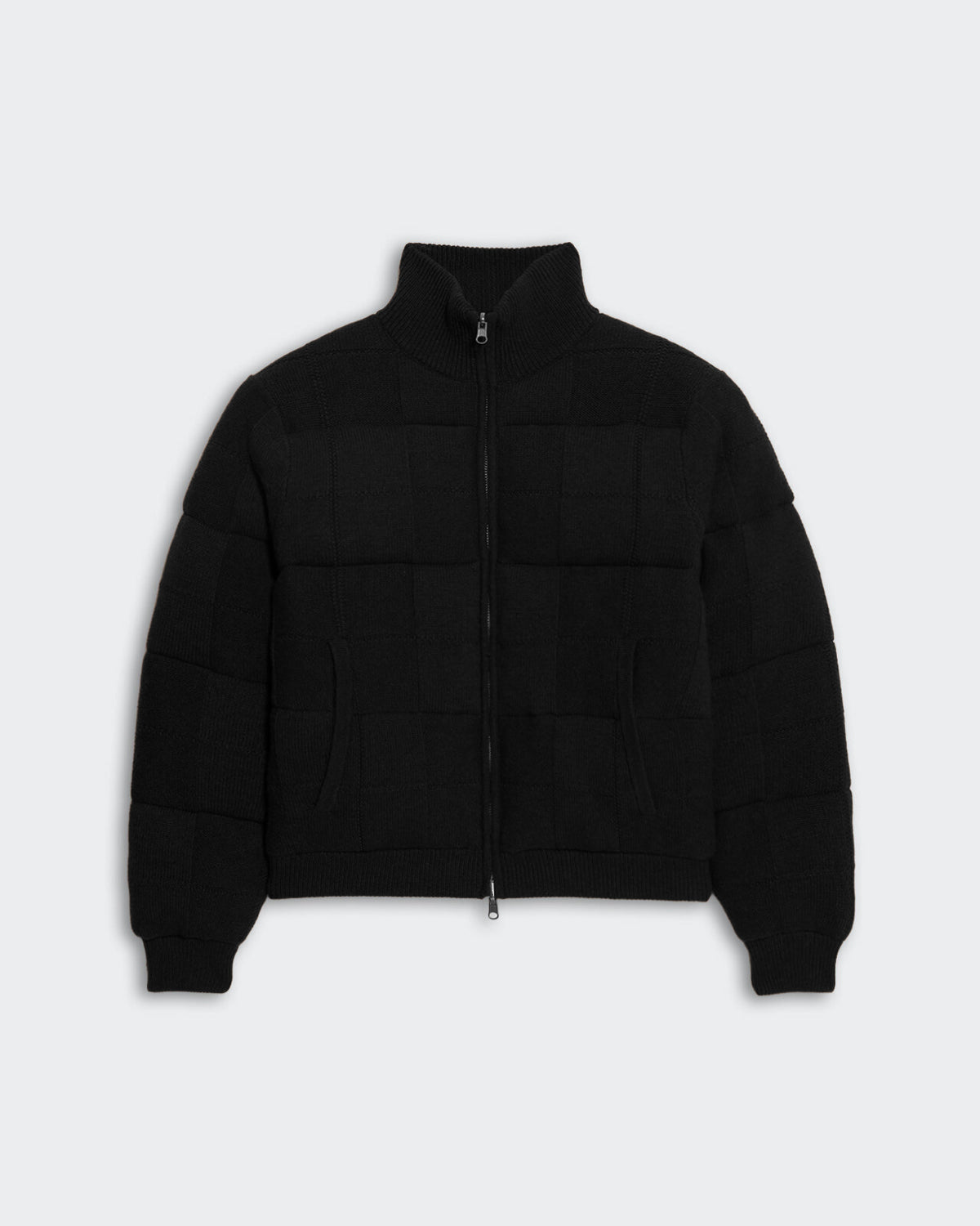 Black women's quilted puffer jacket with square grid pattern, ribbed hem, sleeves, and front two-way zip closure