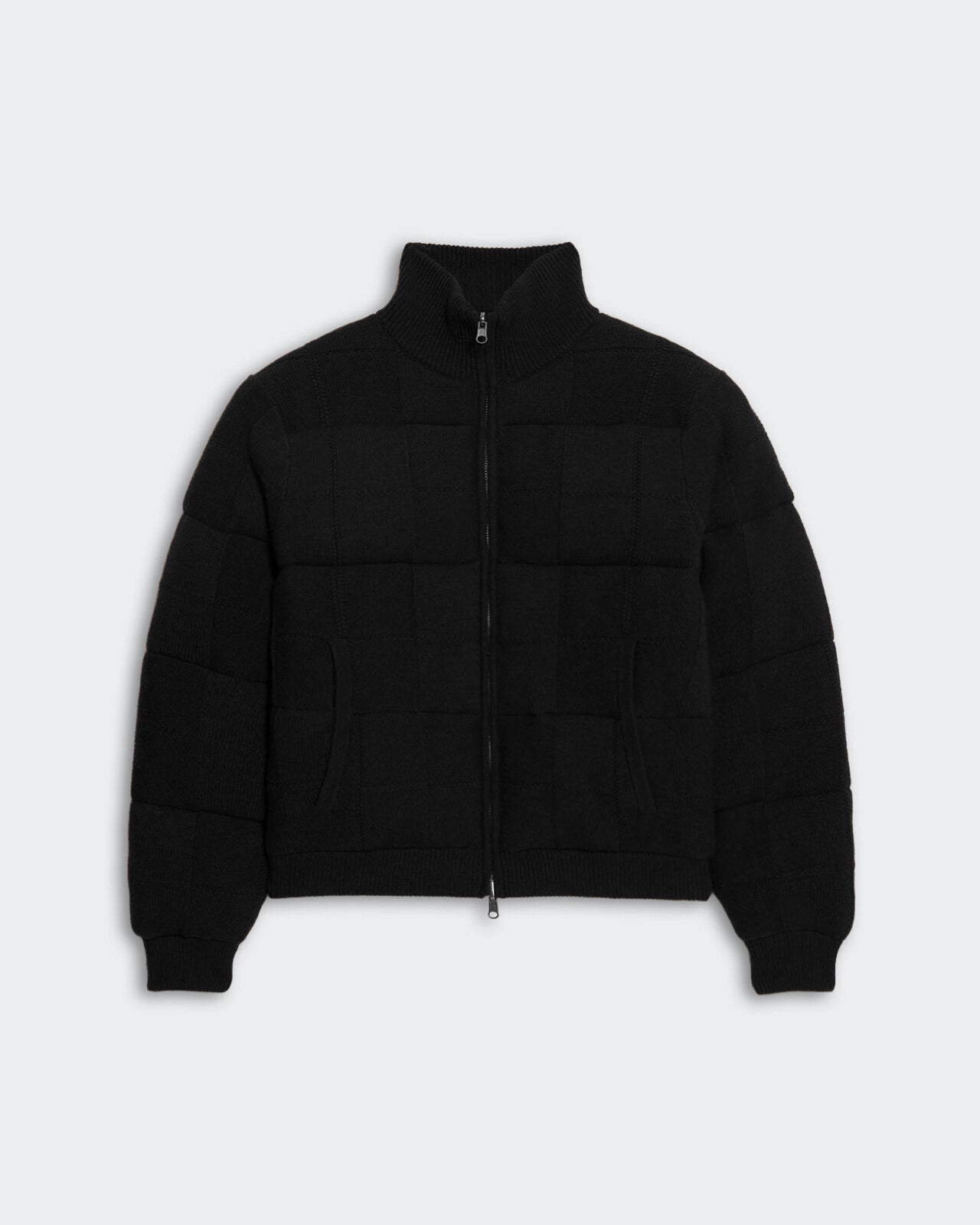 Black women's quilted puffer jacket with square grid pattern, ribbed hem, sleeves, and front two-way zip closure