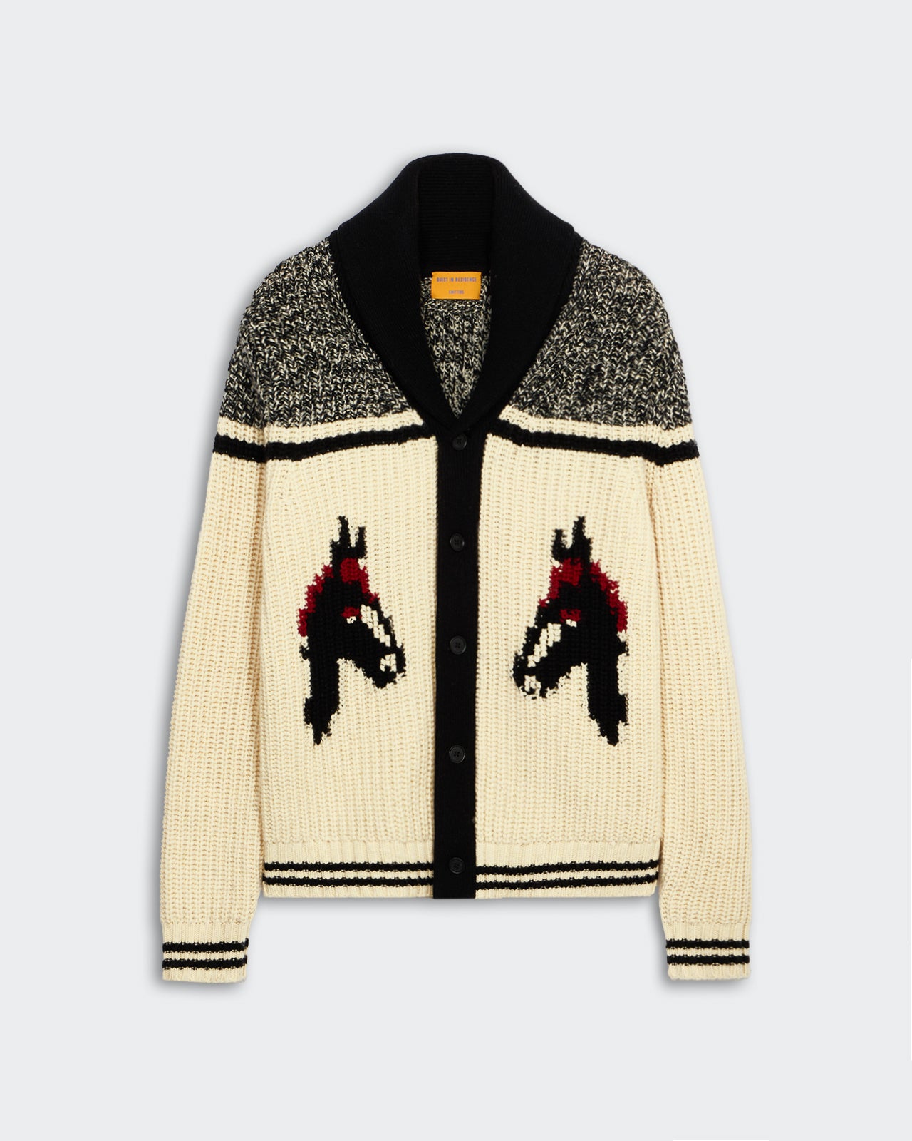 Rodeo Cardigan - Butter Combo cream knit cardigan with black shawl collar trim and red and black horse motifs on the frontાન્ય