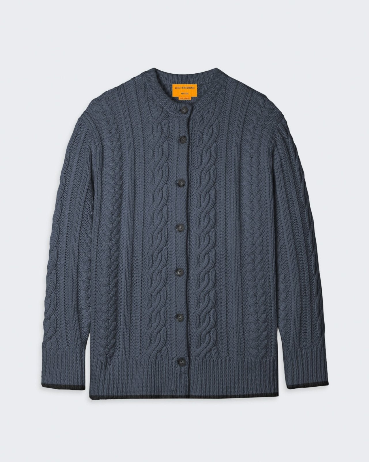 Charcoal-colored cable knit cardigan sweater with button closure and ribbed trim.