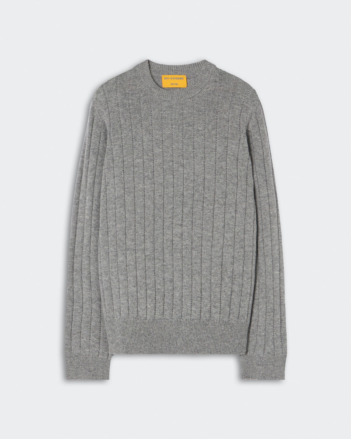 Gray long-sleeve ribbed knit sweater with a round neckline and a yellow label inside the collar, laid flat on a light background.