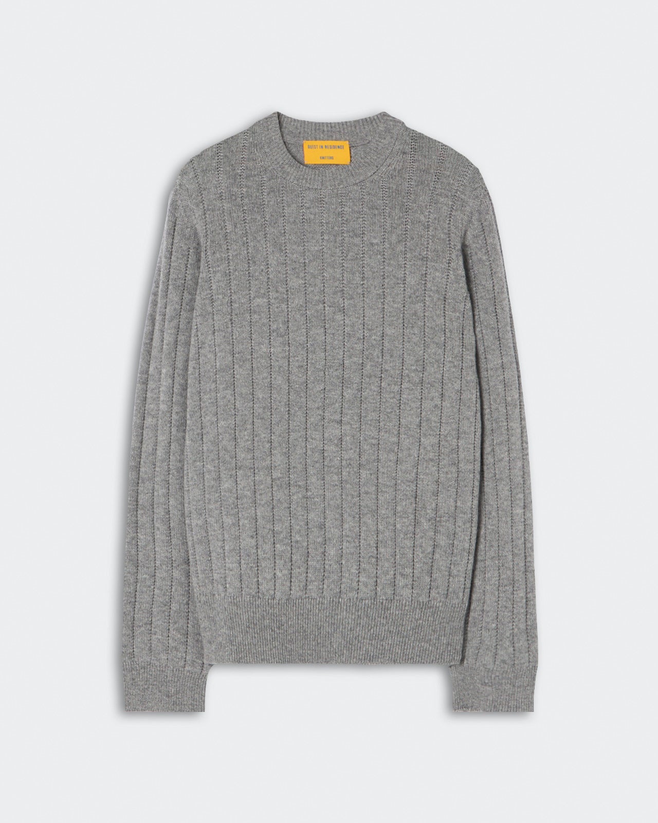 Gray long-sleeve ribbed knit sweater with a round neckline and a yellow label inside the collar, laid flat on a light background.