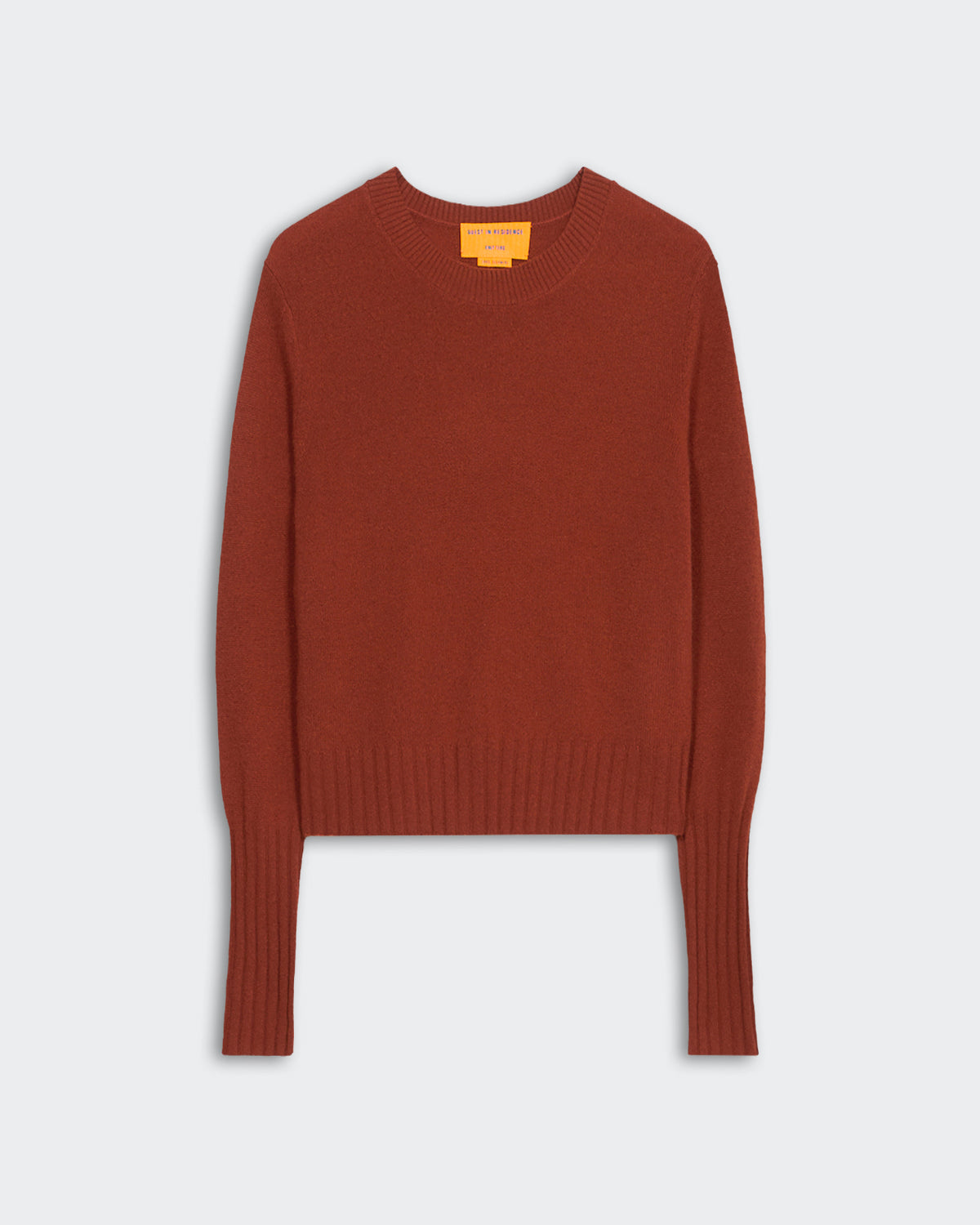 Slim fit women's cinnamon cashmere crewneck sweater with high rib sleeve cuffs and rib trim hem