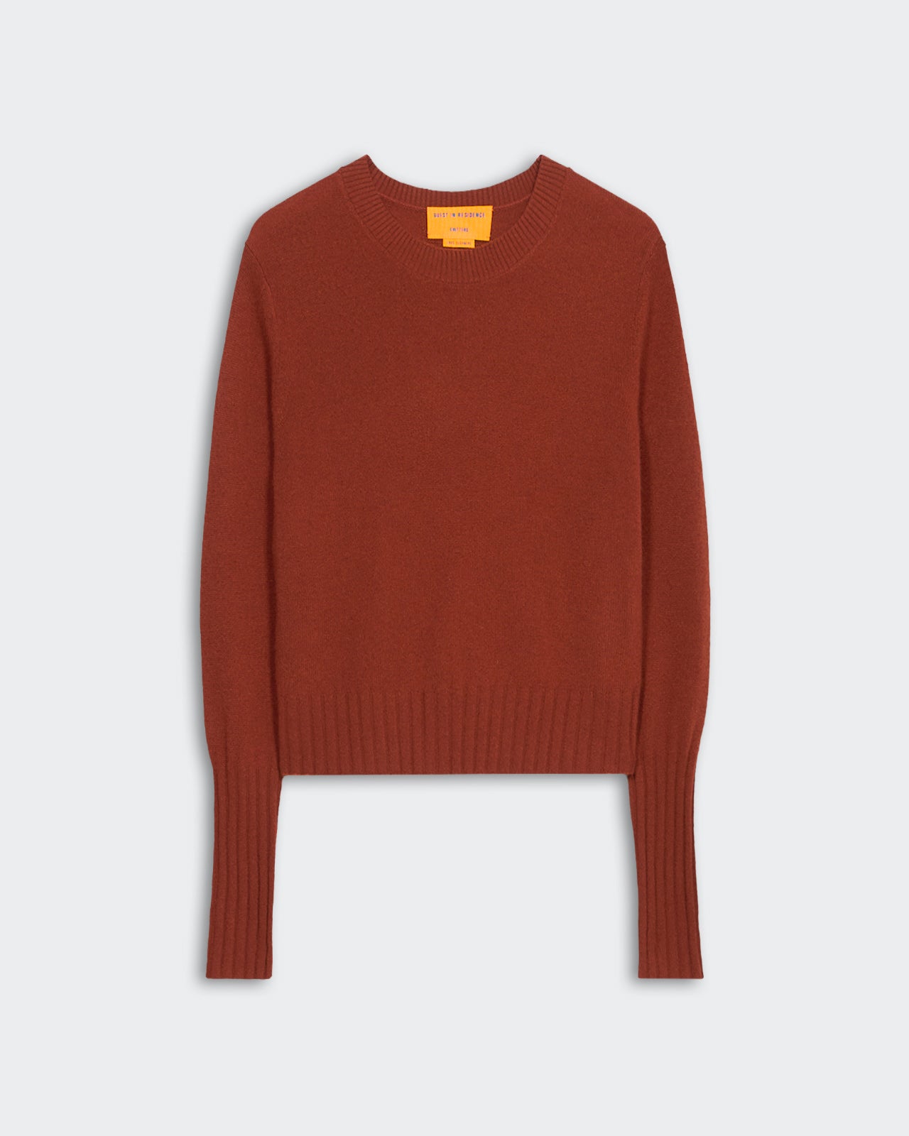 Slim fit women's cinnamon cashmere crewneck sweater with high rib sleeve cuffs and rib trim hem