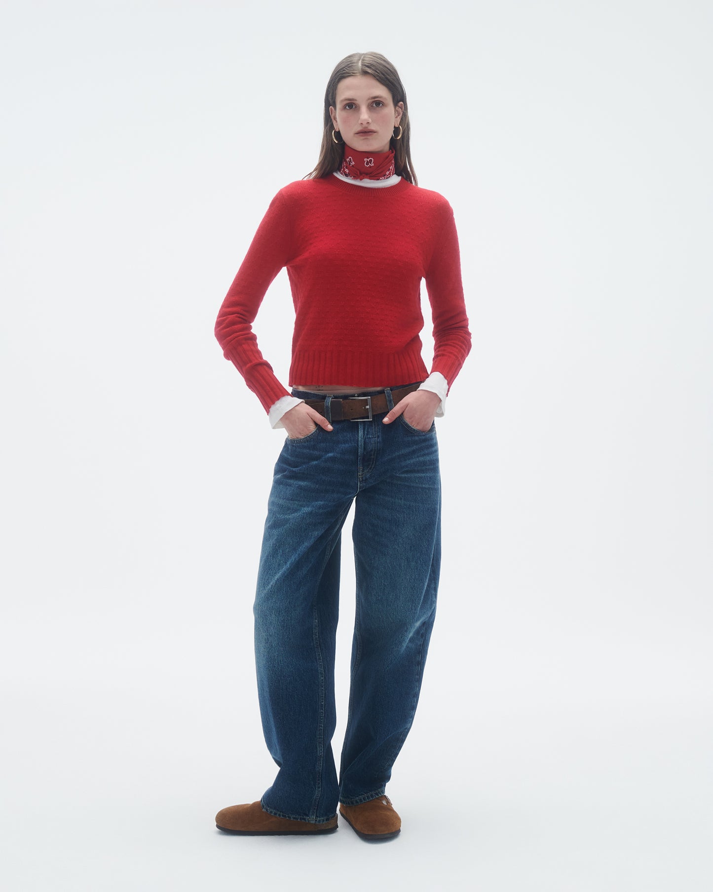 Shrunken Pointelle Crew In Cashmere  - True Red