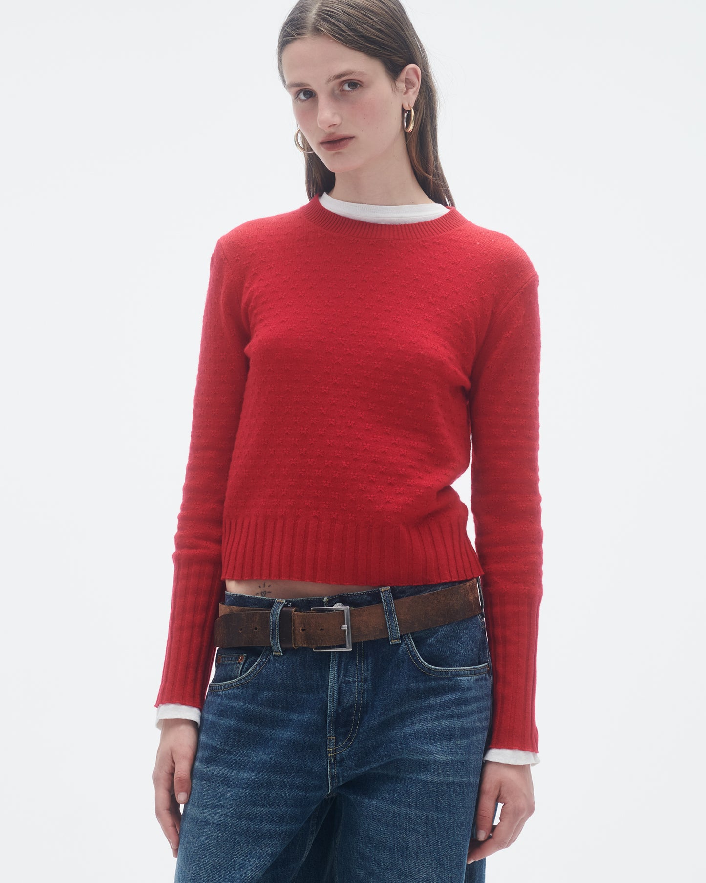 Shrunken Pointelle Crew In Cashmere  - True Red