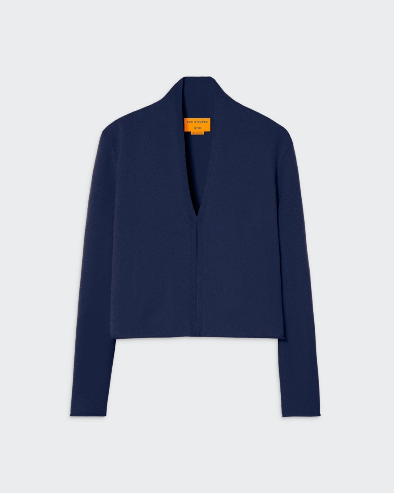 Women's navy blue open-front cardigan with shawl collar, jersey roll at hem and sleeve cuffs, and GIR branding at center back.