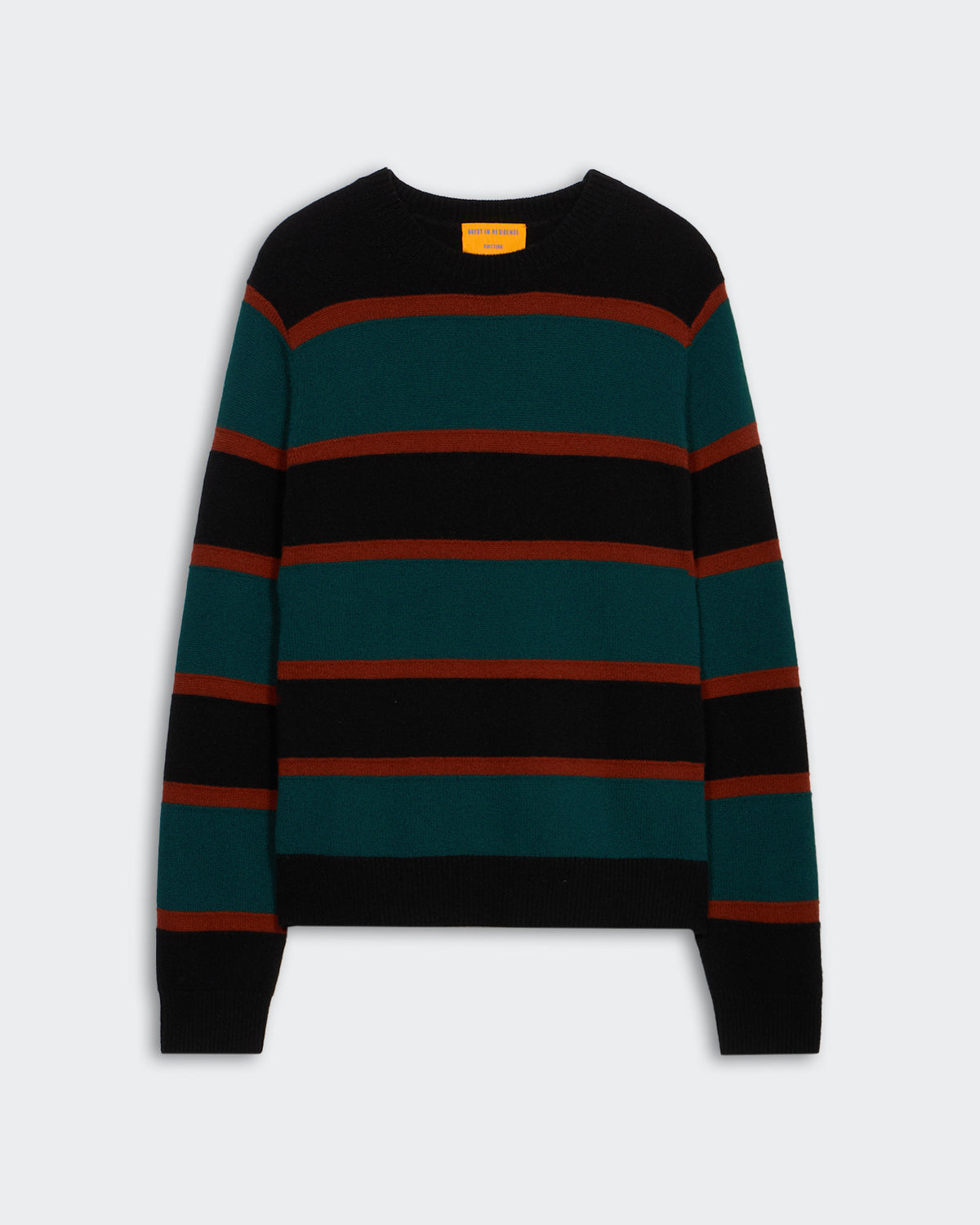 Stripe Crew - Black Combo unisex sweater with teal and rust stripes, ribbed cuffs and 100% cashmere fabric.