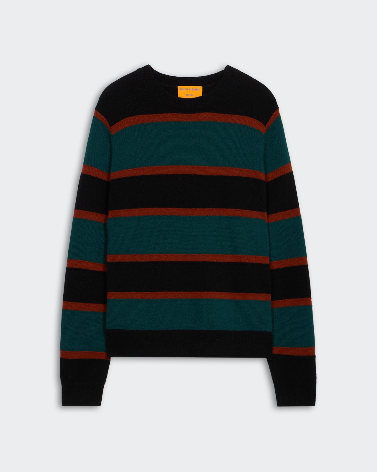 Stripe Crew - Black Combo unisex sweater with teal and rust stripes, ribbed cuffs and 100% cashmere fabric.