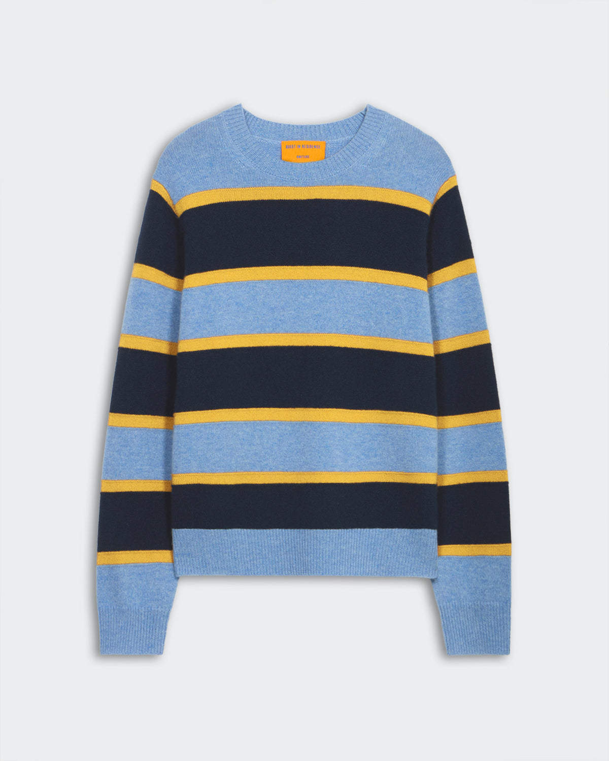 Stripe Crew - Heather Blue Combo unisex mid-weight crew sweater with raised stripes and ribbed trim in premium cashmere.