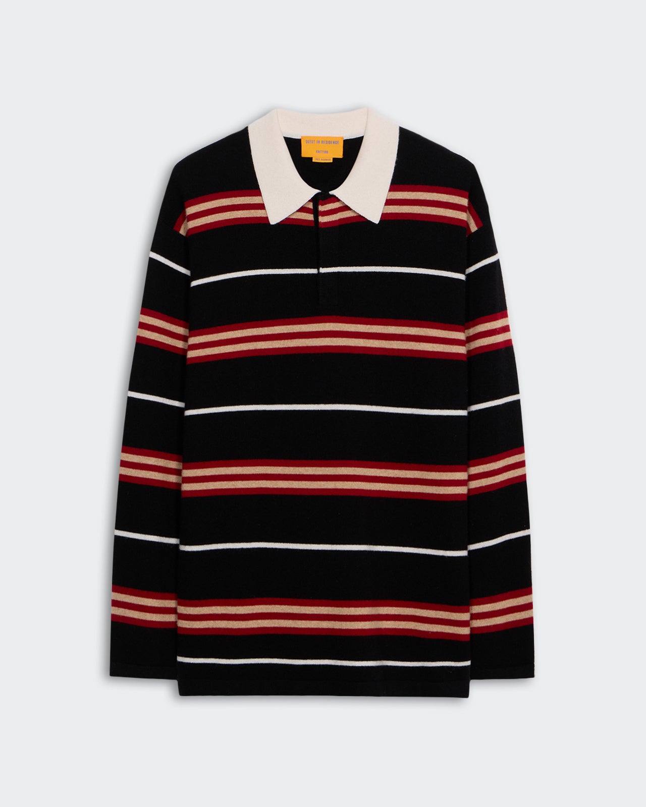 Striped Rugby - Black Combo long-sleeve medium-weight knit cashmere shirt with white collar and horizontal red stripes.