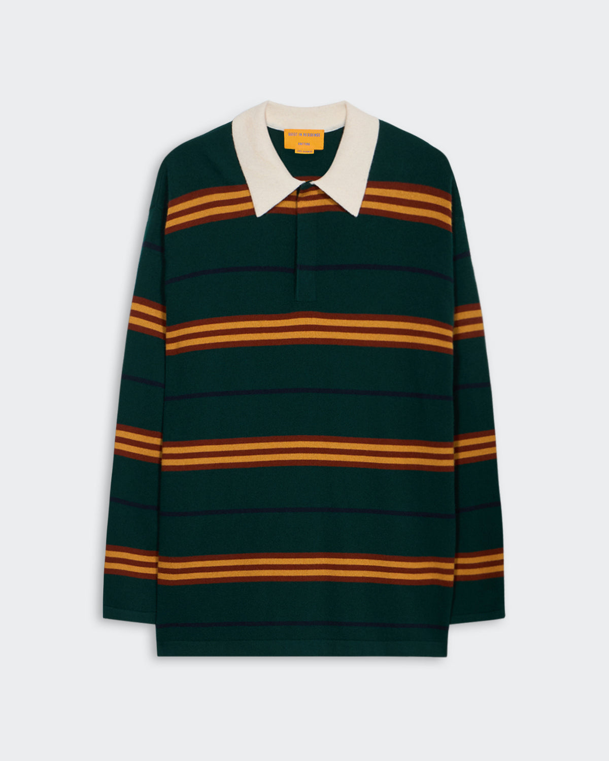 Striped Rugby - Holly Combo long sleeve cashmere rugby shirt with white collar and yellow and orange stripes
