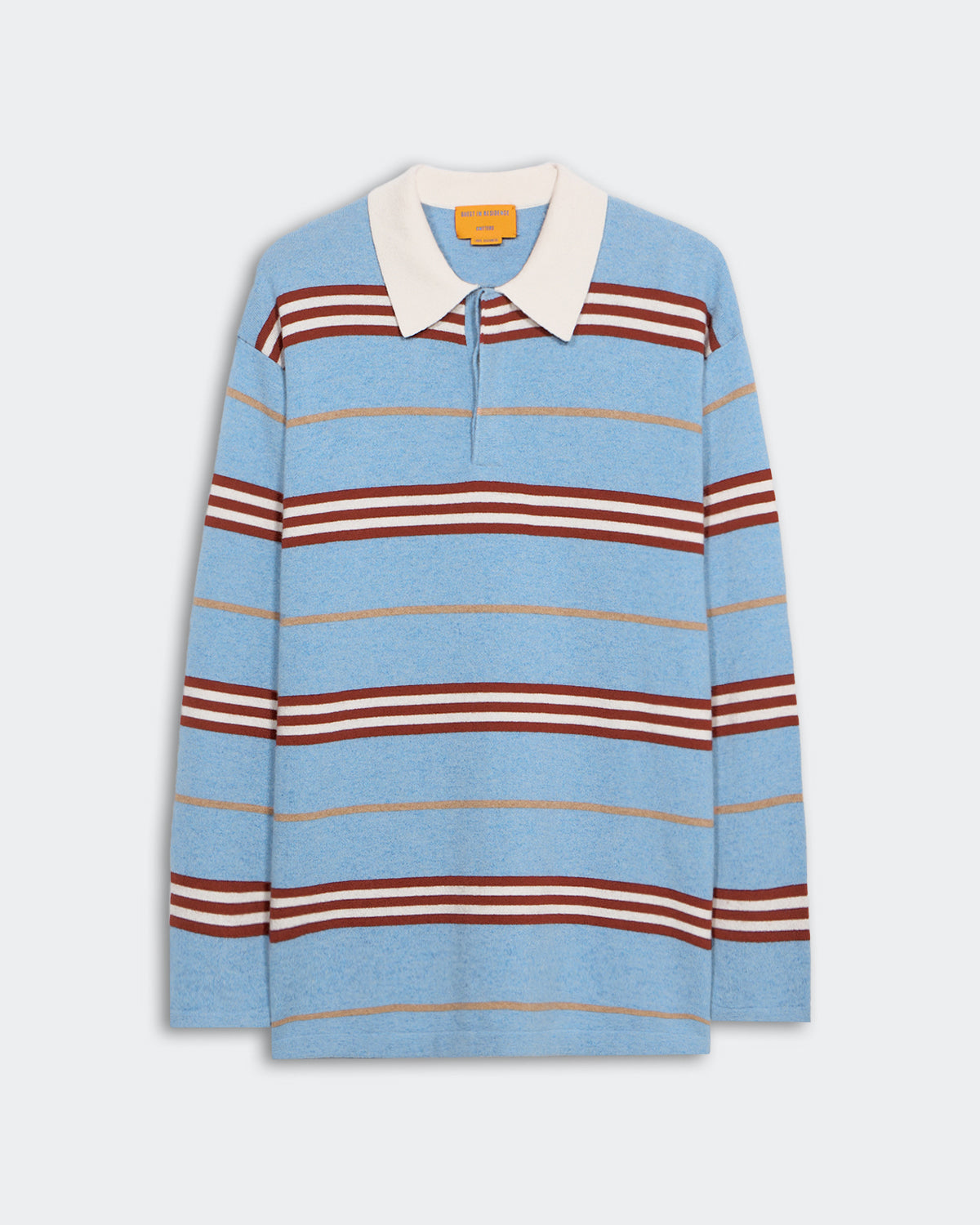 Striped Rugby - Heather Blue Combo long sleeve cashmere knit shirt with white collar and brown stripes