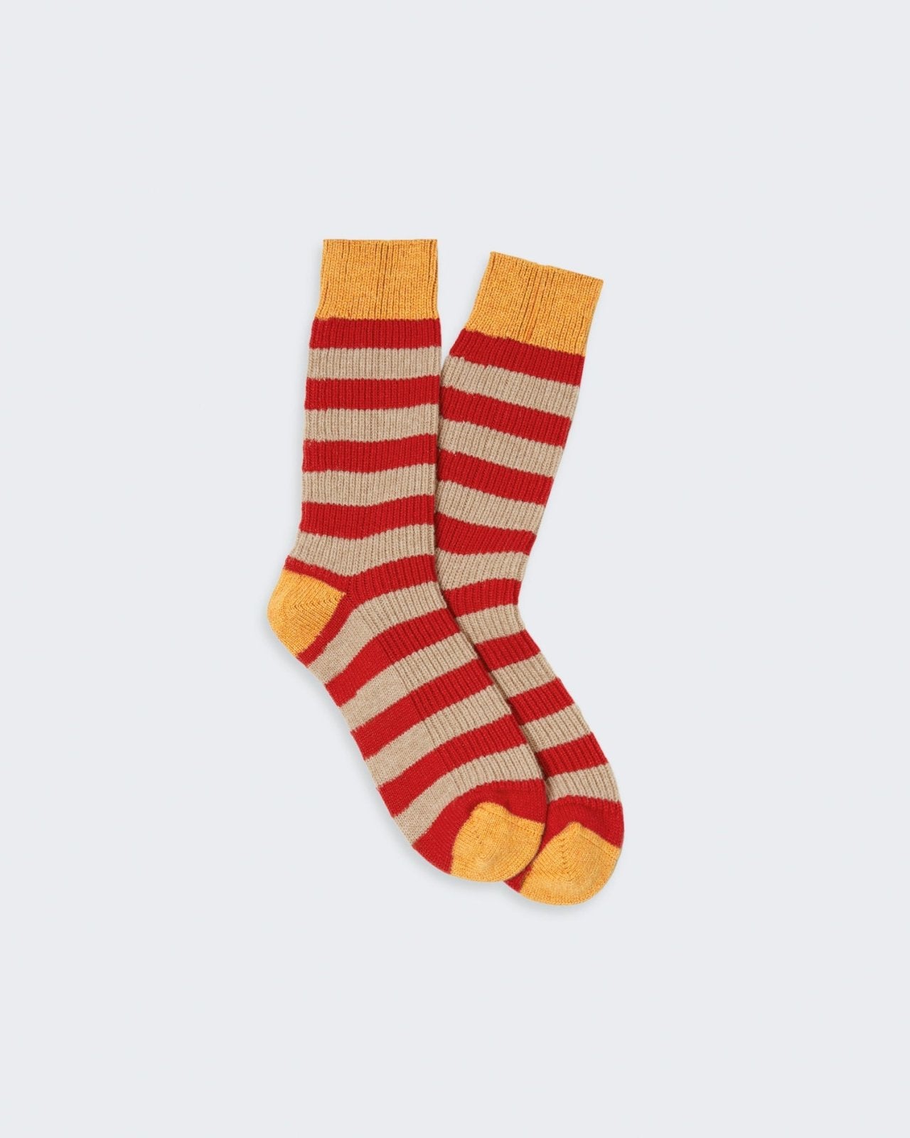 Striped red and beige cashmere socks designed for lounging and indoor use.