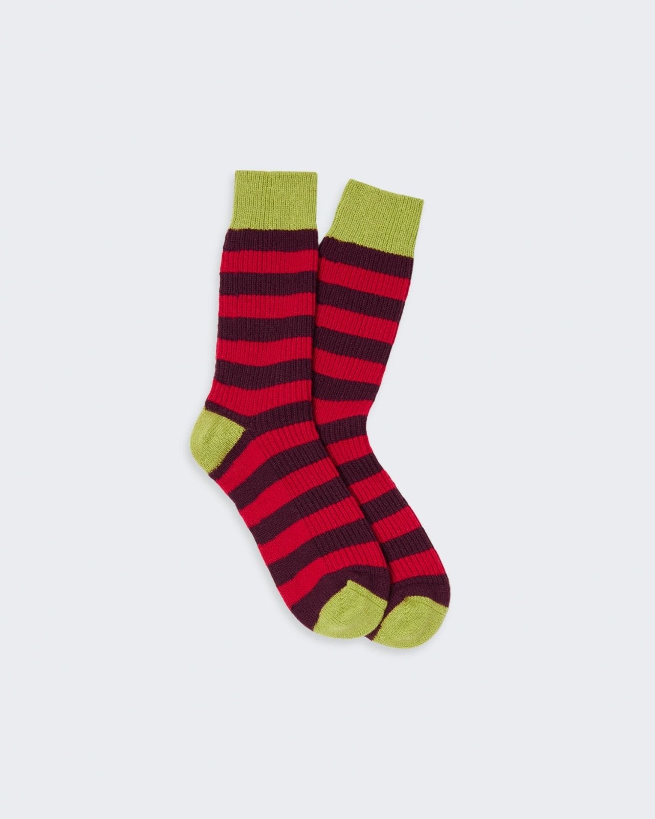 Striped cashmere socks in a contrast color-blocked pattern, suitable for lounging and indoor wear.