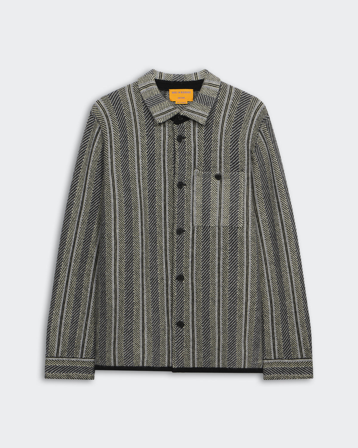 Stripe Work Shirt - Black Combo featuring vertical striped cashmere button-down with collar and front patch pockets.
