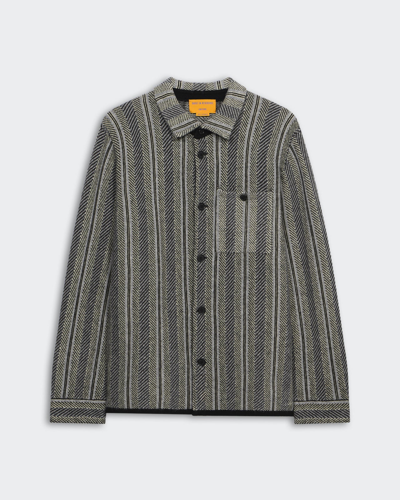 Stripe Work Shirt - Black Combo featuring vertical striped cashmere button-down with collar and front patch pockets.