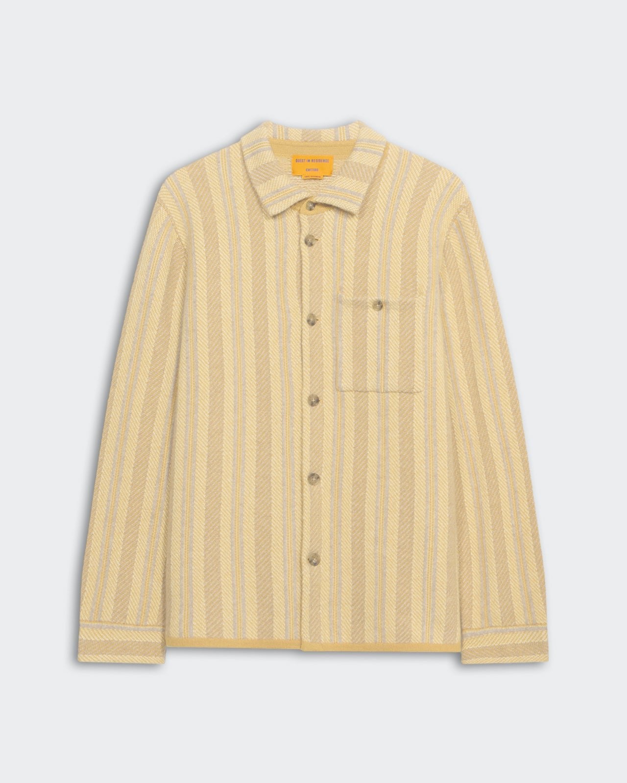 Stripe Work Shirt - Curry Combo unisex cashmere button-down with vertical stripes and front patch pocket.