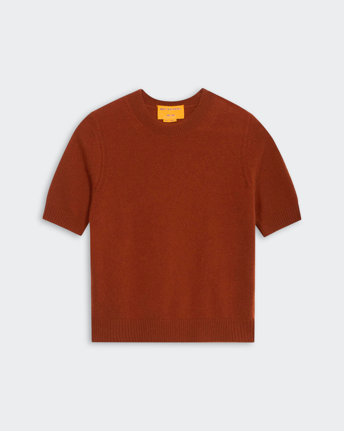 Women's cropped cinnamon sweater tee in lightweight cashmere with ribbed trims and crewneck design
