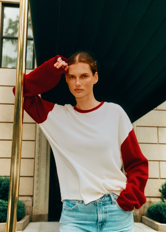 Baseball Oversized Crew  - Cream/Carmine