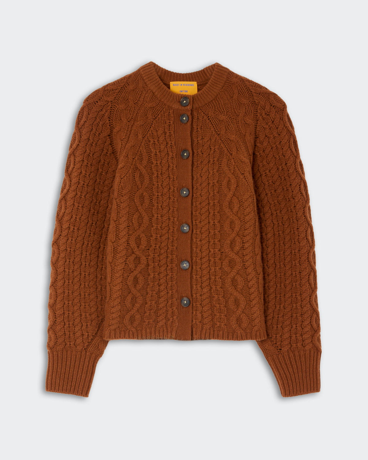 Cable Sculpted Cardigan - Burnt Sienna in a warm burnt sienna color with textured cable knit pattern and dark buttons down the front, made from soft cashmere fabric.
