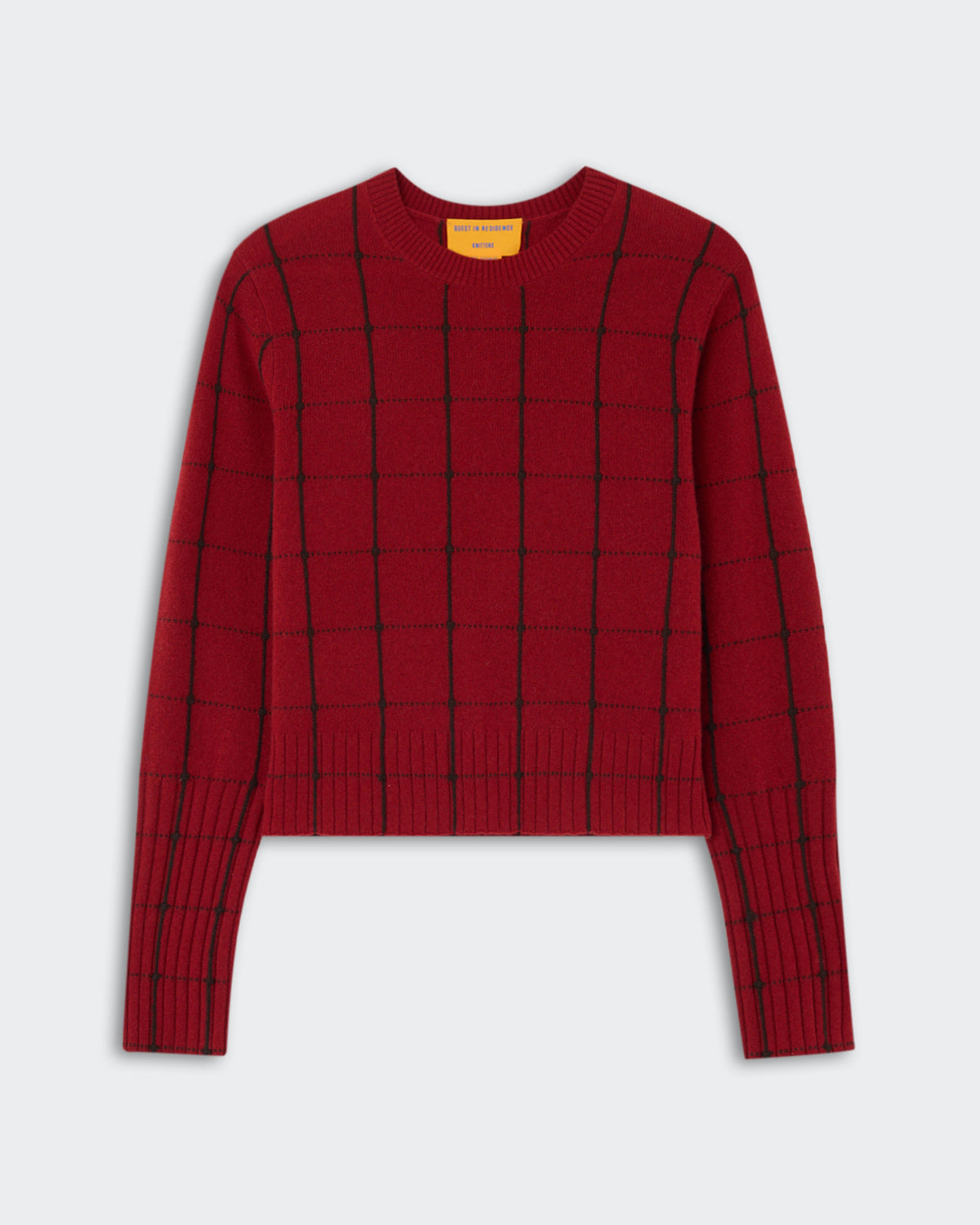 Shrunken Checker Crew - Carmine/Burnt Cocoa cashmere sweater in deep red with a black checkered pattern, featuring ribbed cuffs and hem for a fitted silhouette.