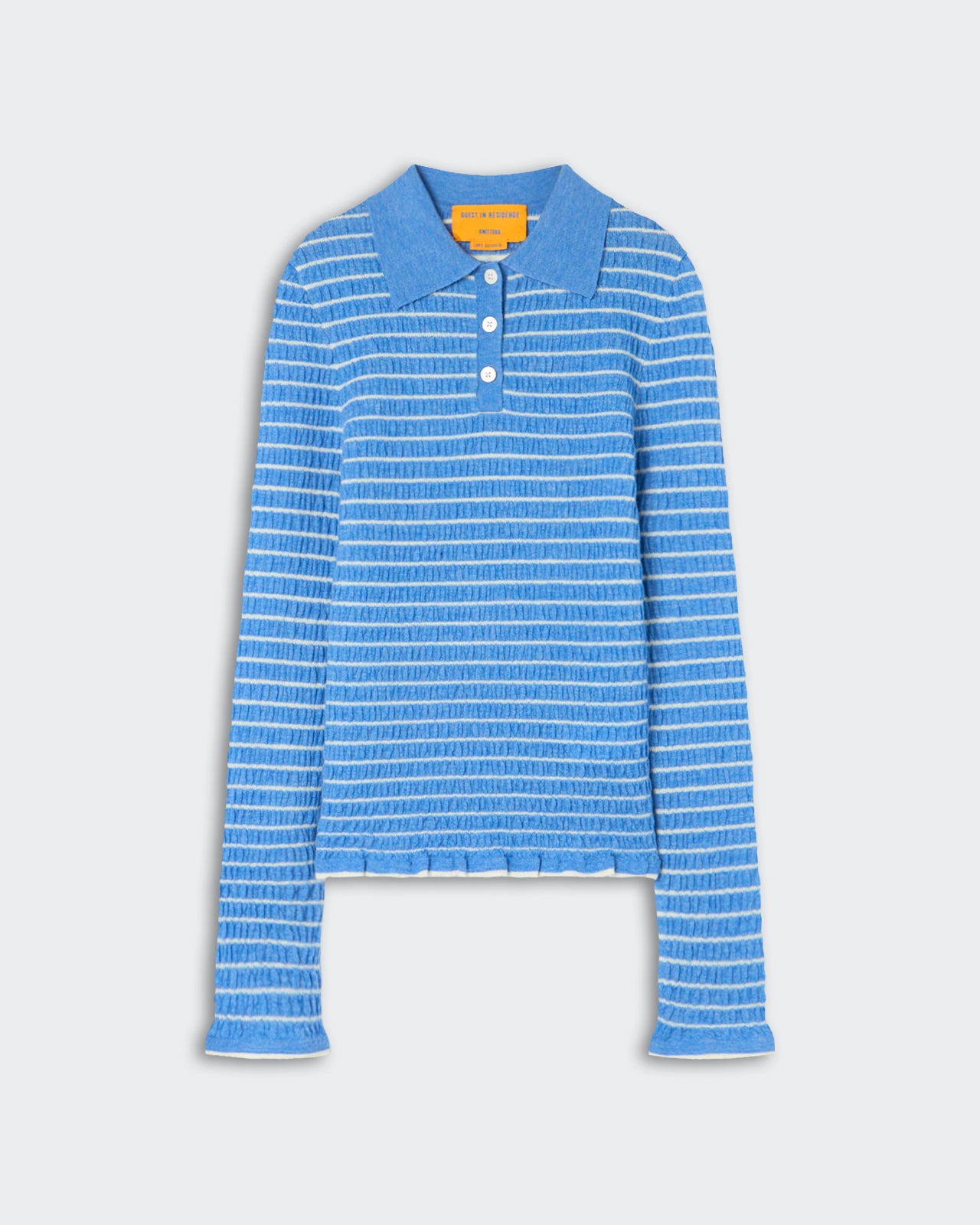 Smocked L/S Shrunken Polo - Delft Blue/Cream