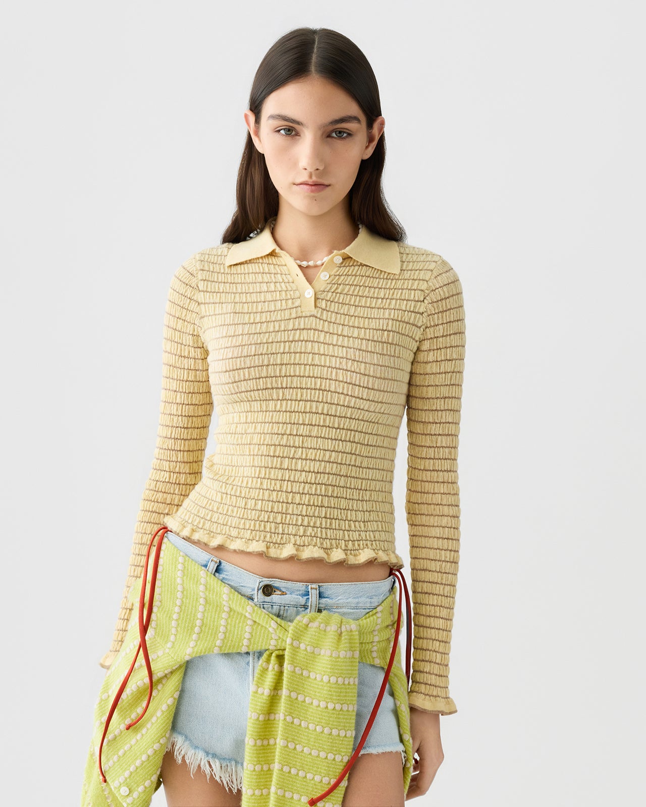 Smocked L/S Shrunken Polo - Butter/Camel