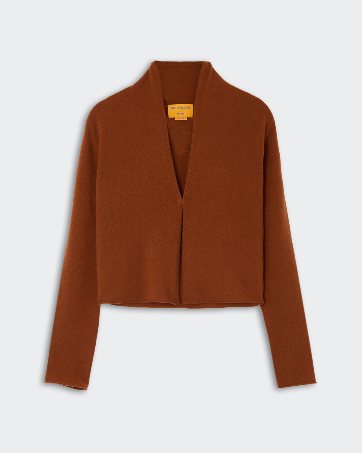 Brown long-sleeve open-front cardigan with a shawl collar and a cropped hem, displayed on a light gray background.