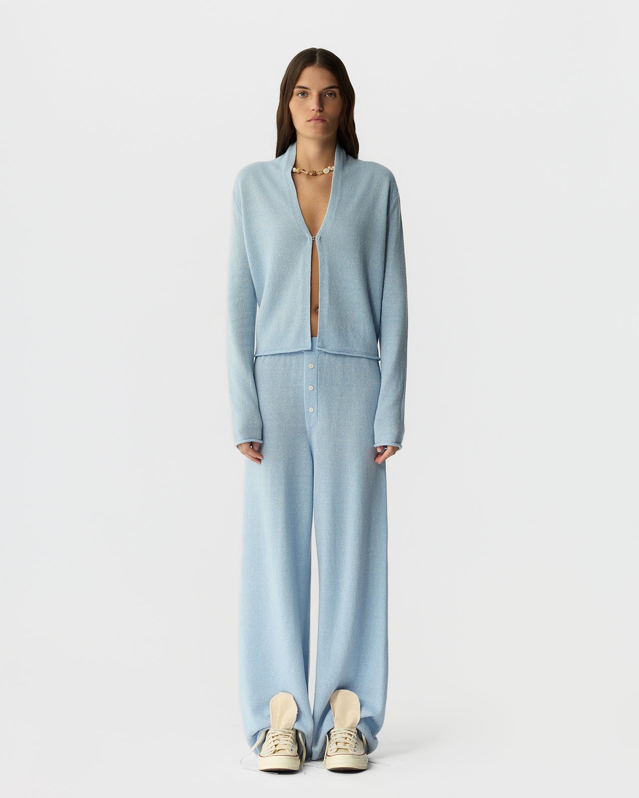 The Stealth Cardigan in Clear Sky, another piece made from the versatile cashmere-linen blend.