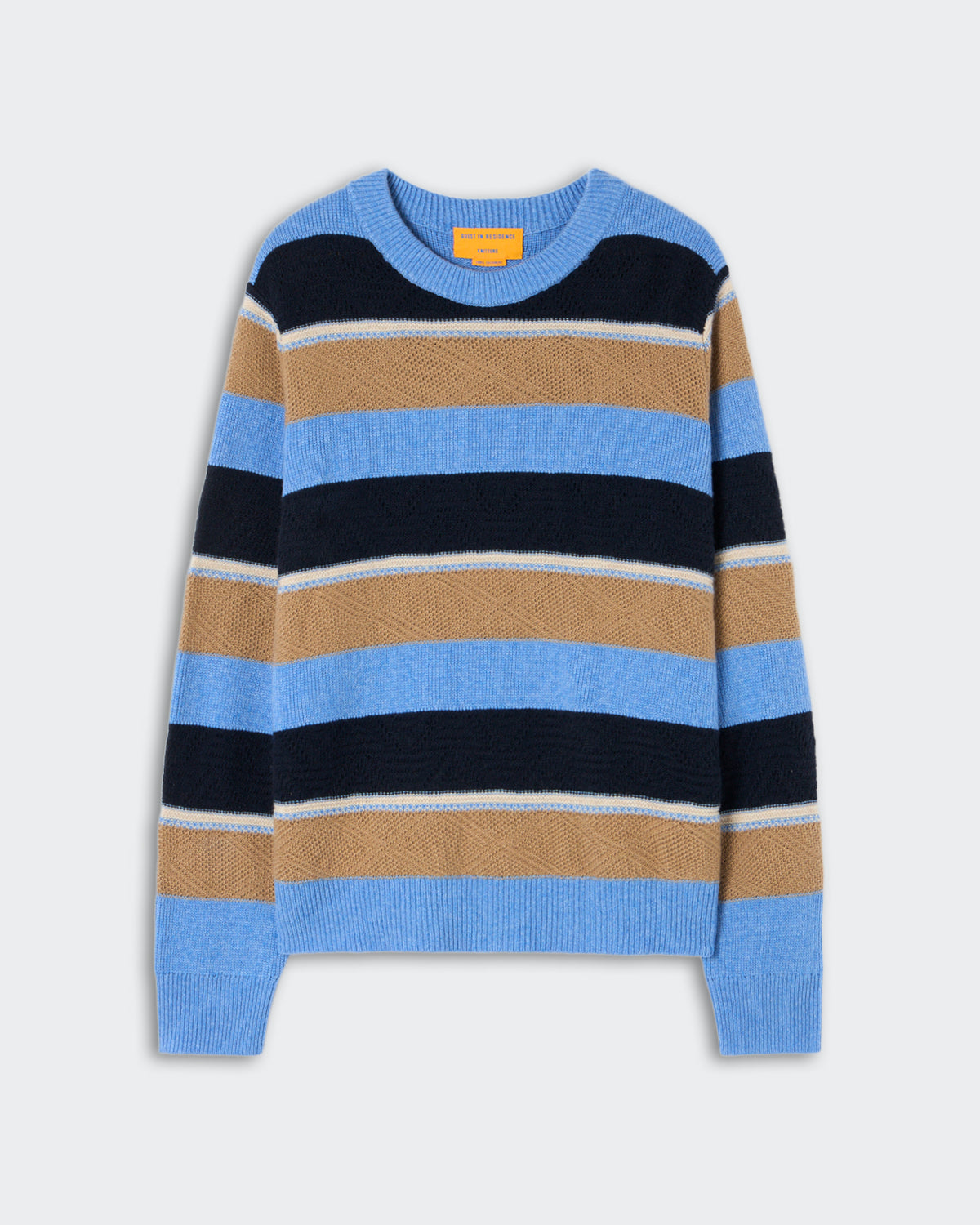 Long-sleeve knitted sweater with horizontal stripes in light blue, black, tan, and white, featuring a round neckline and ribbed cuffs and hem.