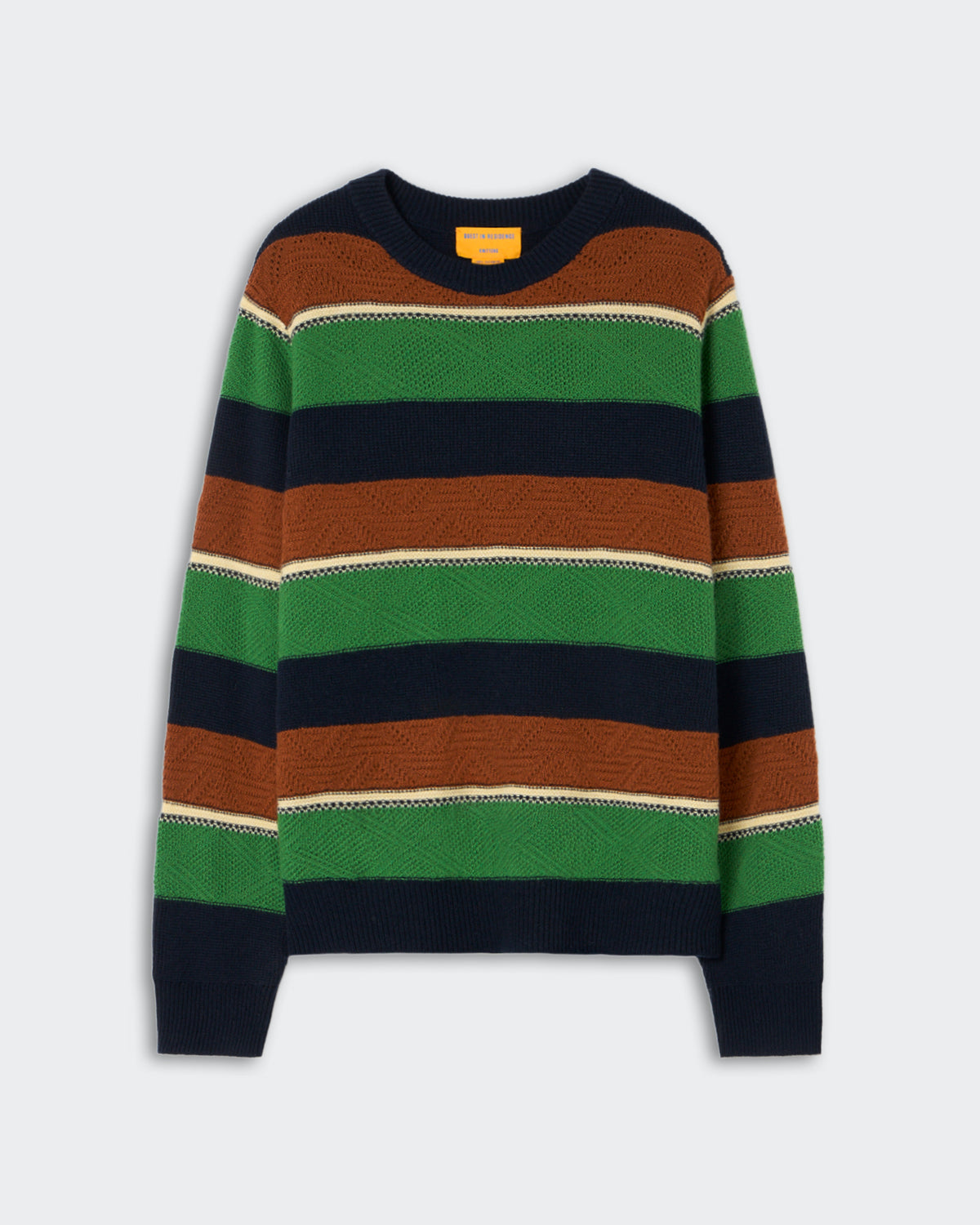 Long-sleeve knit sweater with horizontal stripes in green, navy blue, brown, and off-white, featuring a round neckline and ribbed cuffs and hem.