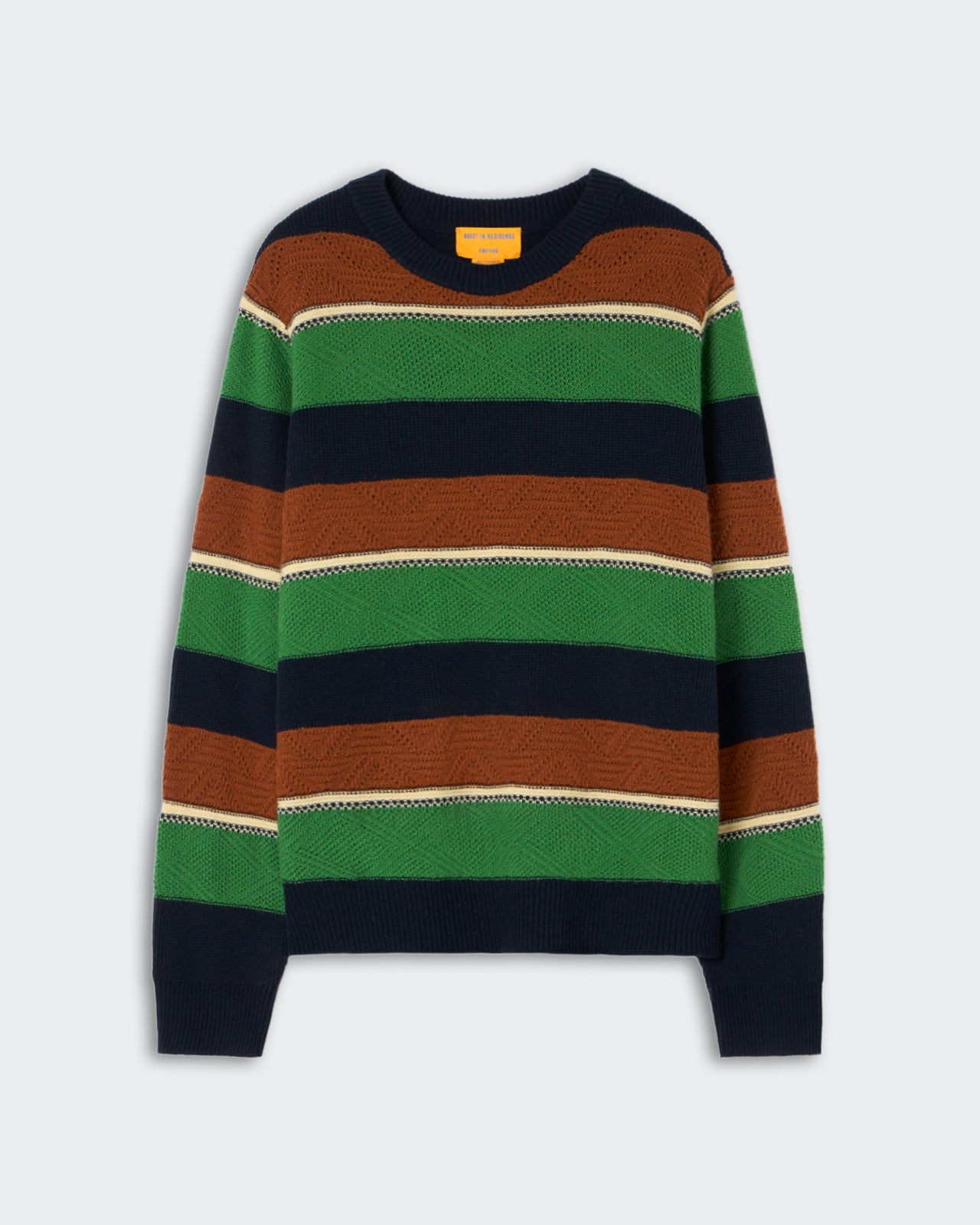 Long-sleeve knit sweater with horizontal stripes in green, navy blue, brown, and off-white, featuring a round neckline and ribbed cuffs and hem.