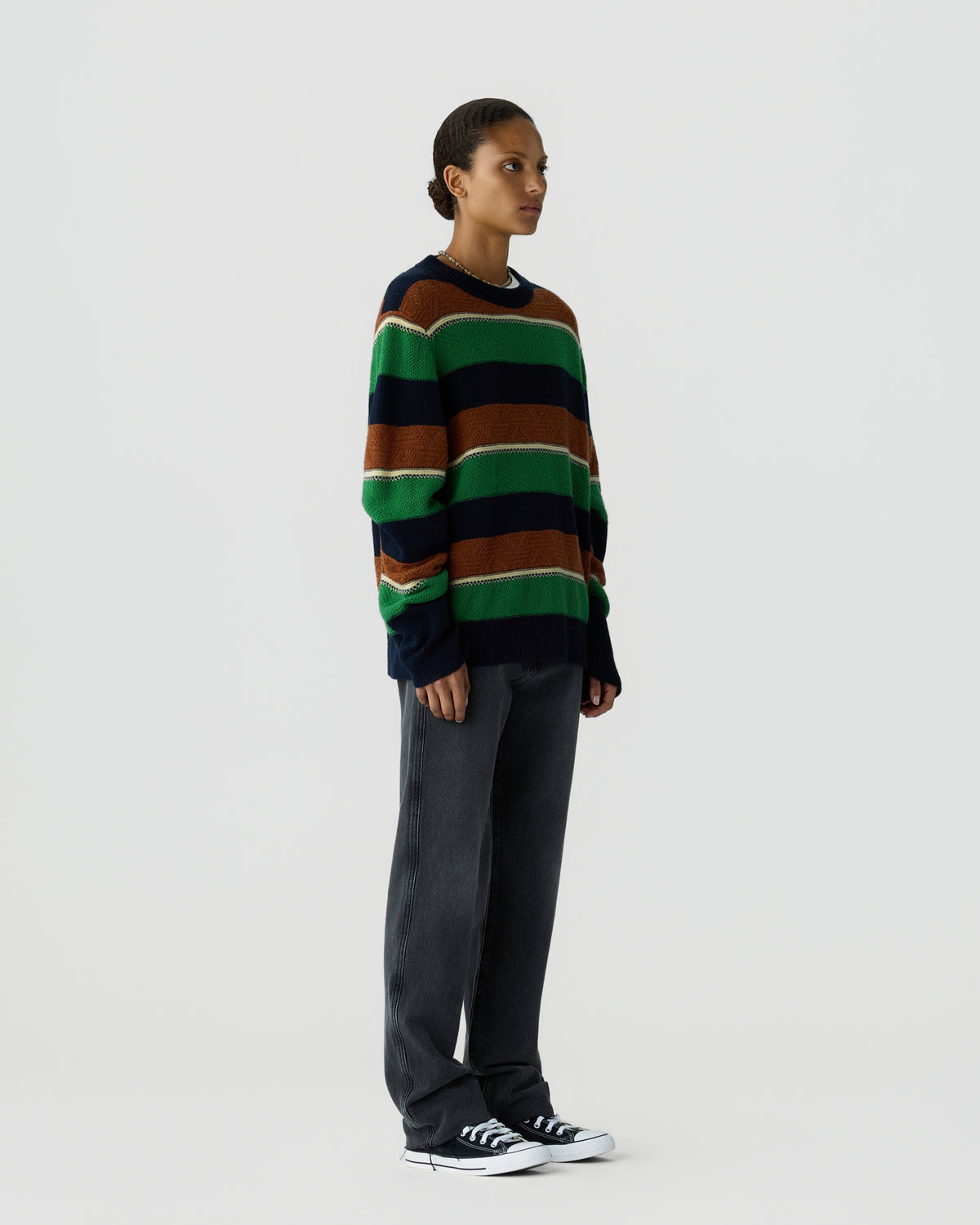 Side view of a person wearing a loose-fitting striped sweater with green, brown, and navy blue bands, paired with relaxed dark gray pants and black sneakers against a plain background.
