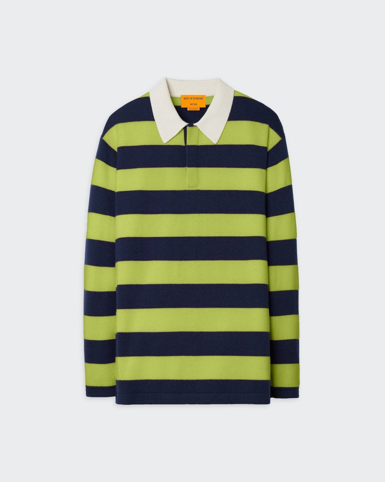 Striped rugby shirt in matcha and midnight colors.