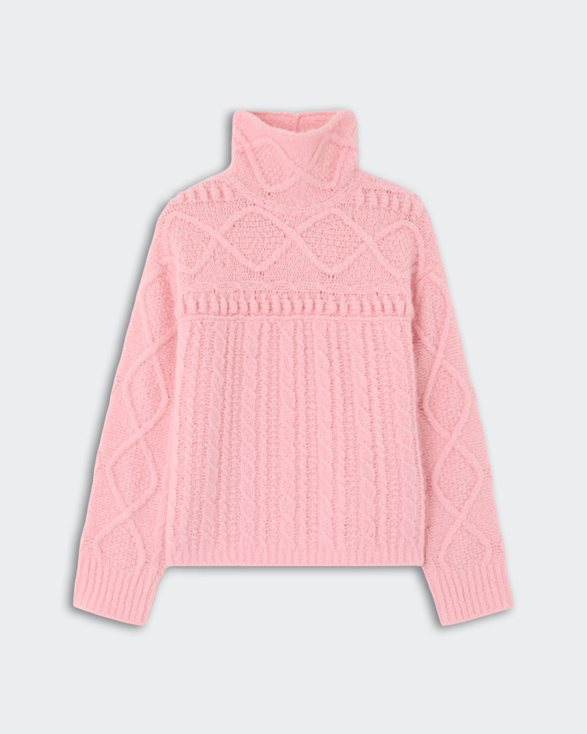 Soft pink cable-knit turtleneck sweater with long sleeves and textured diamond and braided knit patterns throughout the body and arms.