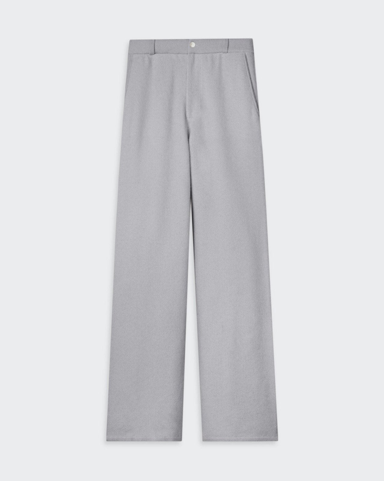 Women's tailored stone-colored trousers with a fly front closure, elasticized waistband, belt loops, and faux pocket details at the back.