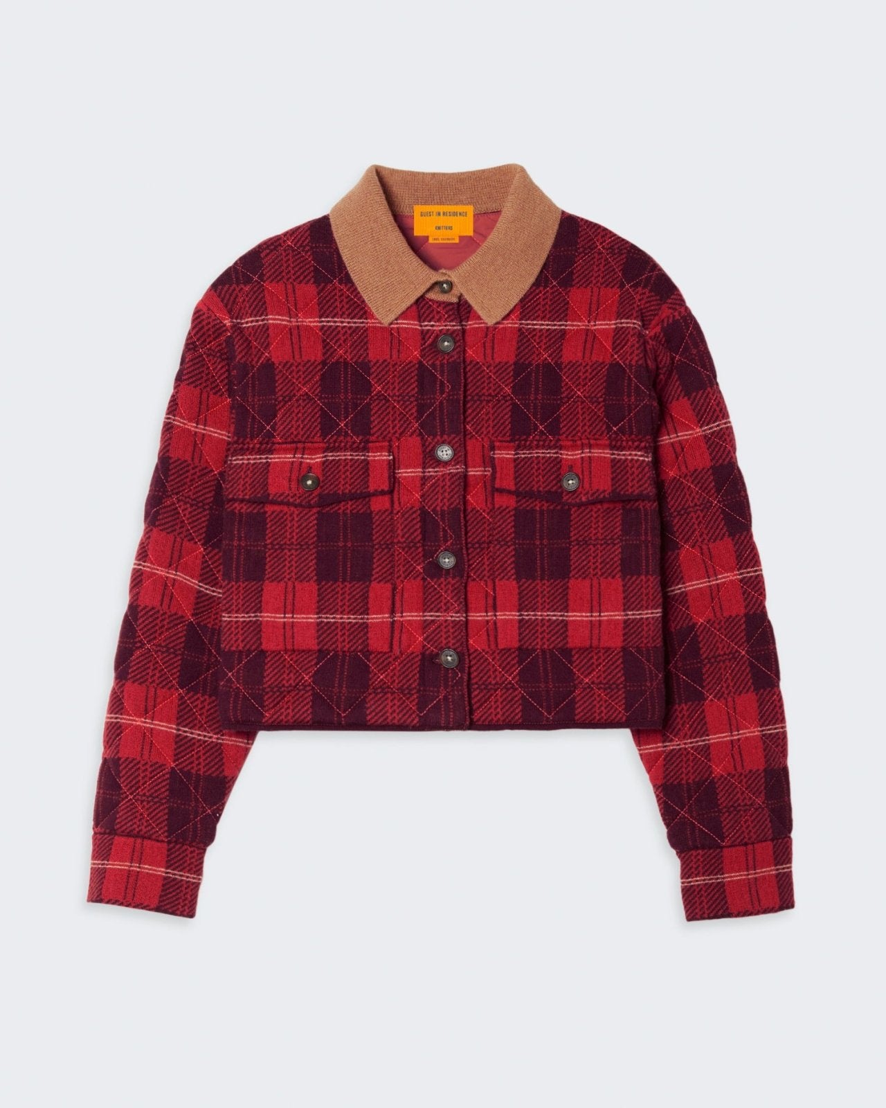 Cropped plaid jacket in a cashmere blend with contrast color rib collar and front patch pockets.