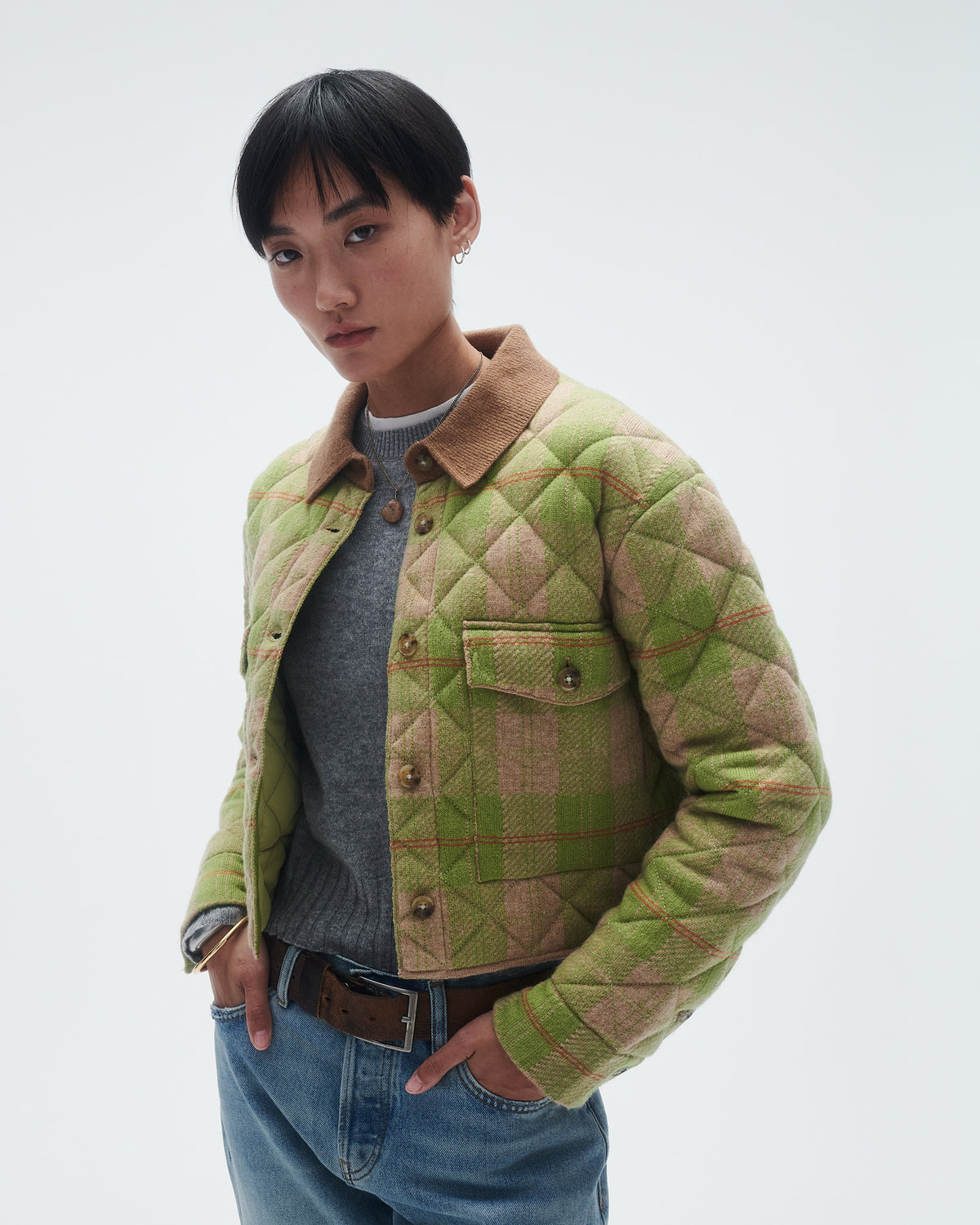 Tartan Cropped Jacket In Cashmere Blend - Matcha Combo