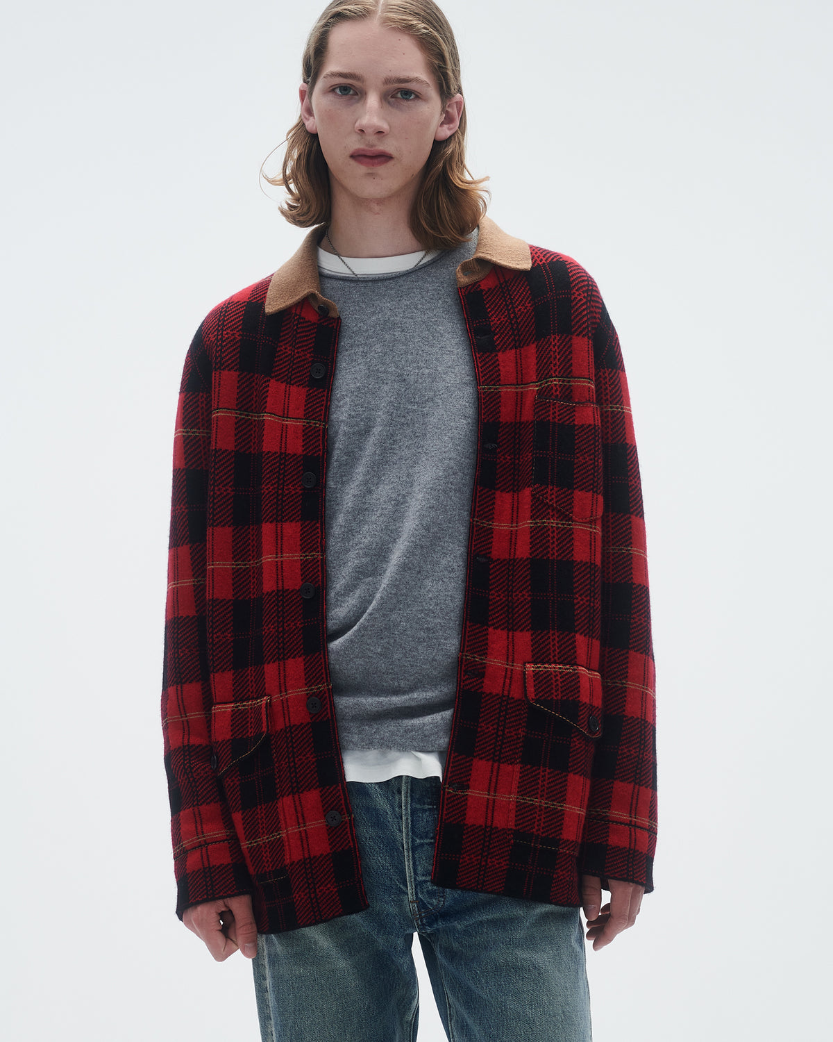 Tartan Industry Jacket In Cashmere Blend - True Red Combo